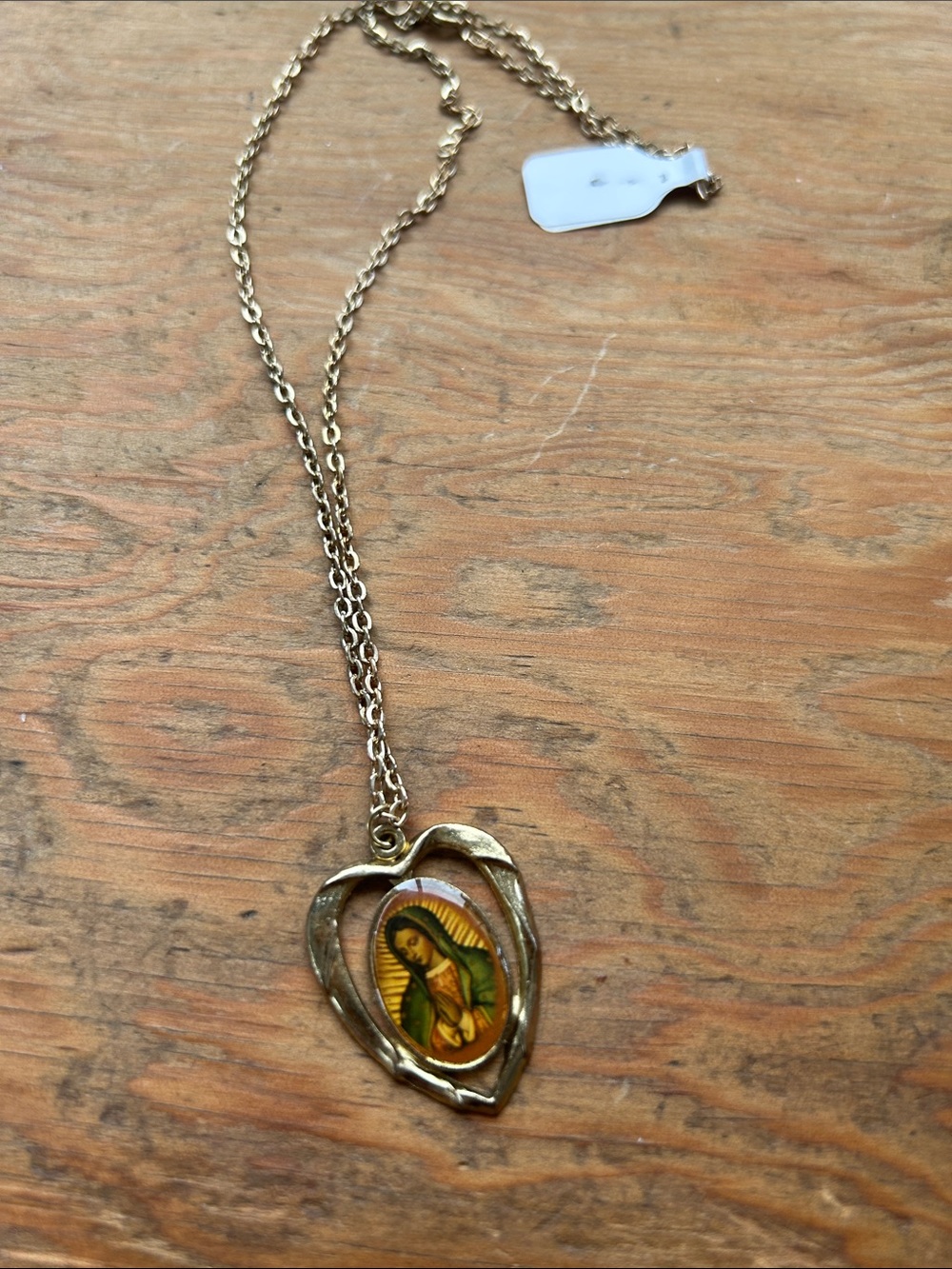 Vintage Guadalupe Gold Heart Pendant Necklace with Green and Yellow accents